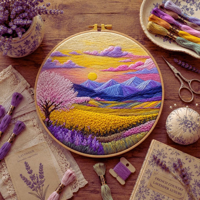 Spring meadow embroidery kit contents and hoop