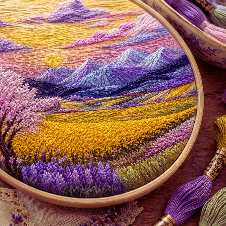 Spring meadow embroidery kit pattern fabric detail