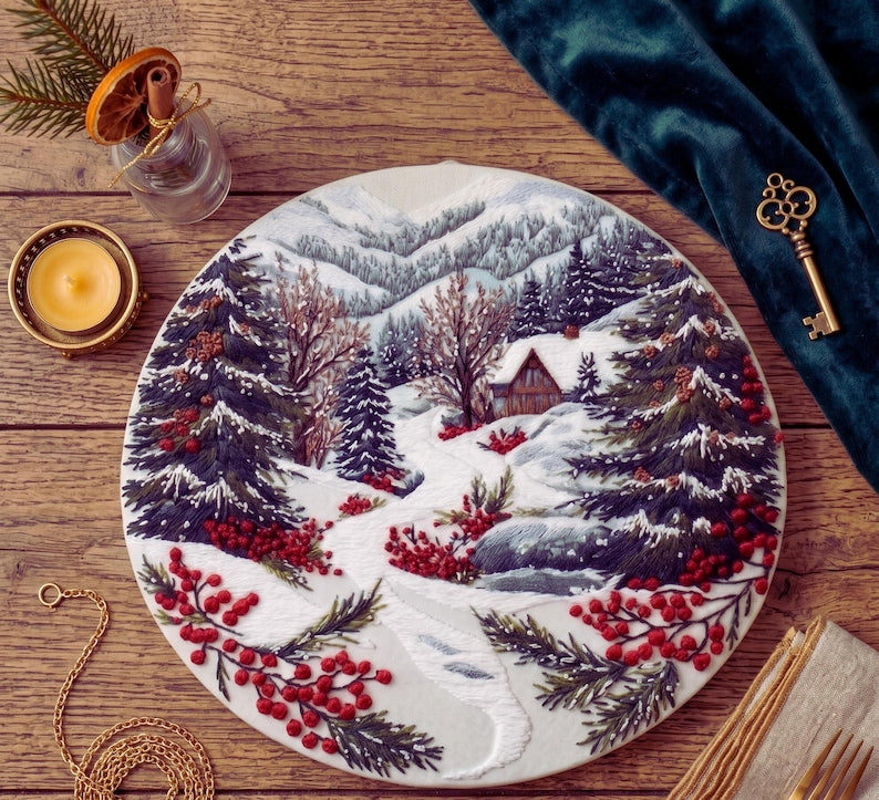 Winter cabin embroidery kit pattern close-up