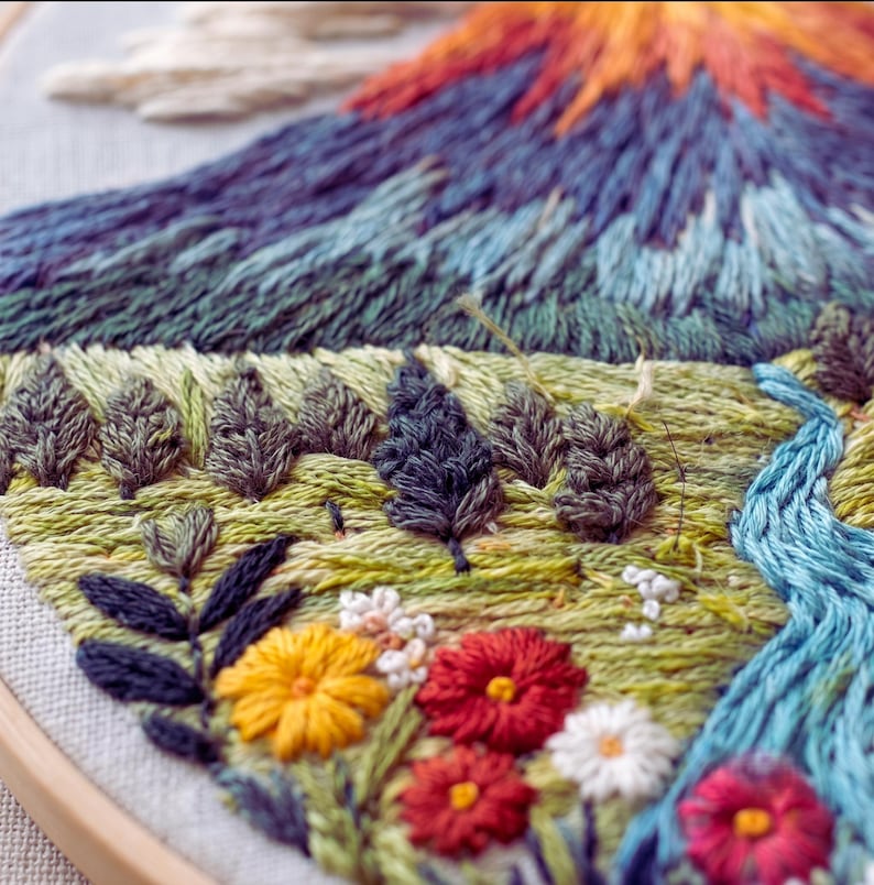 Volcano embroidery hoop art detail