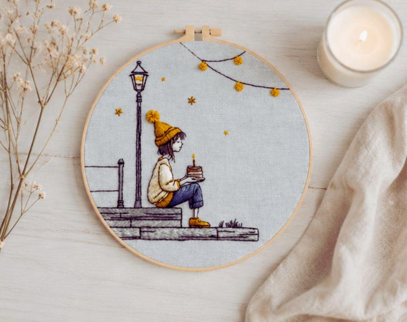 Cozy autumn girl embroidery kit materials