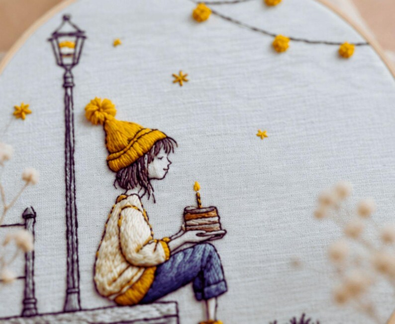 Cozy autumn girl embroidery pattern detail