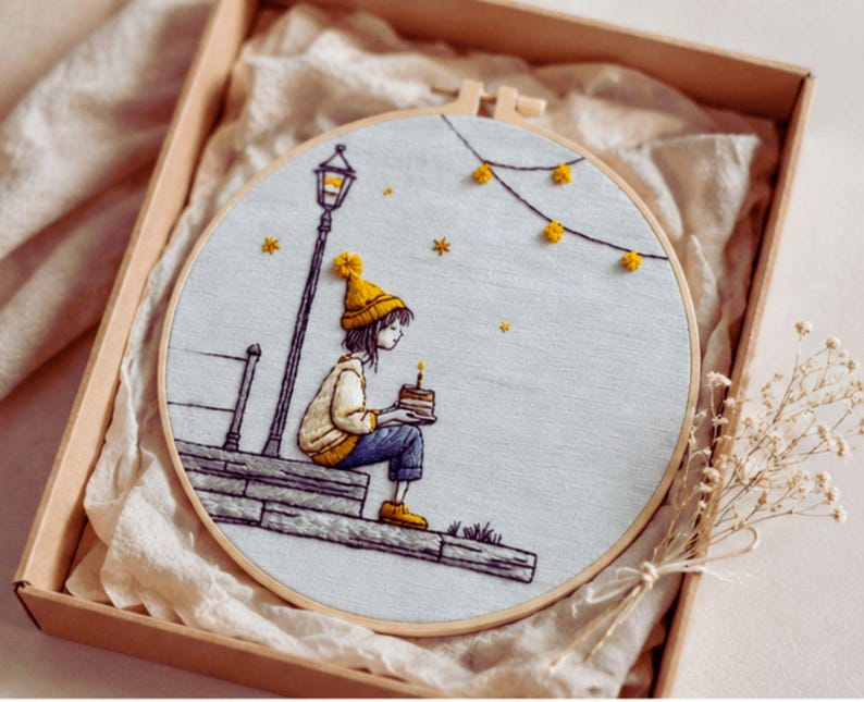 Cozy autumn girl embroidery finished piece