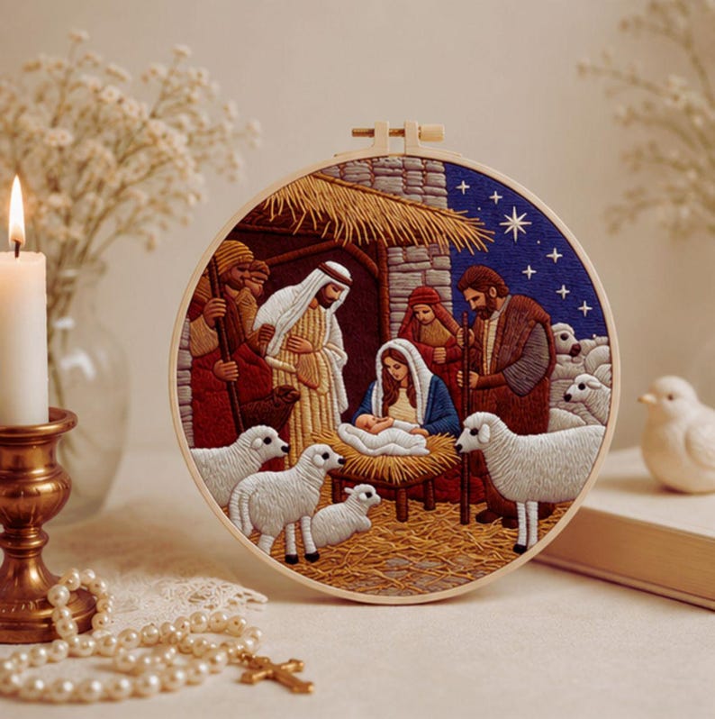 Nativity embroidery kit finished Holy Family scene