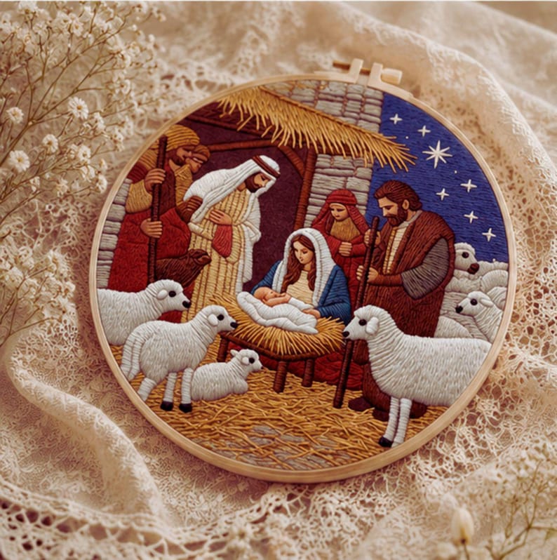 Nativity embroidery kit close-up detail