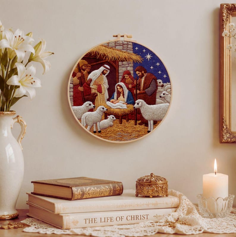 Nativity embroidery kit hoop display