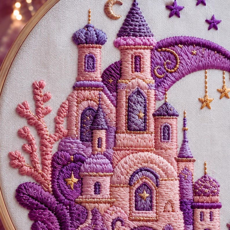 Fantasy castle embroidery kit contents and hoop