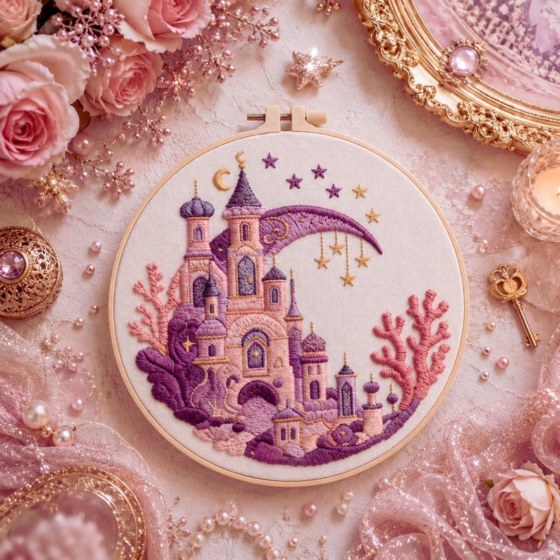 Fantasy castle embroidery pattern close up