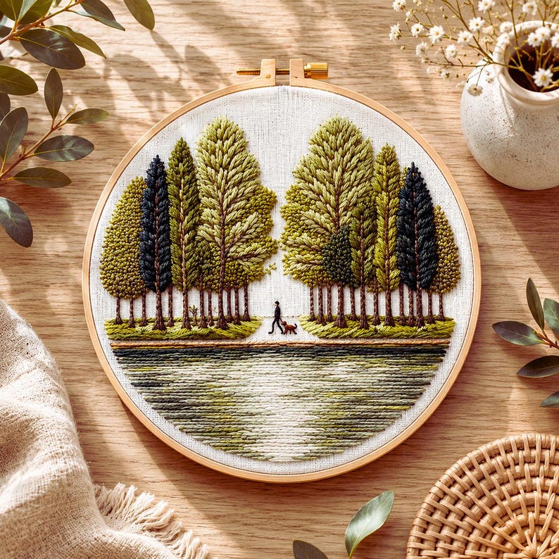 Tree landscape embroidery fabric pattern