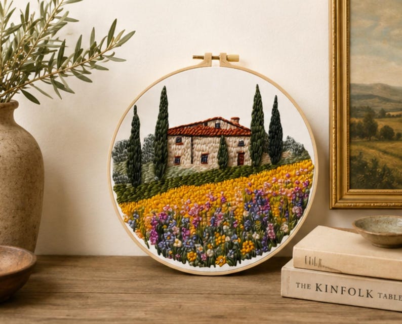 Tuscan farmhouse embroidery hoop art detail