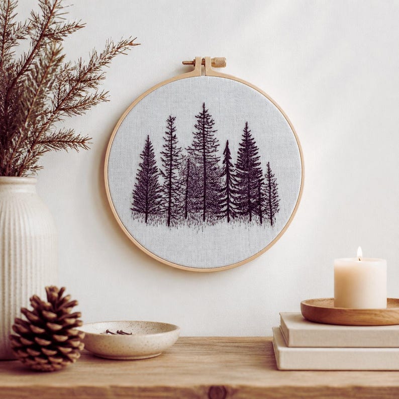 Minimalist pine forest embroidery hoop art