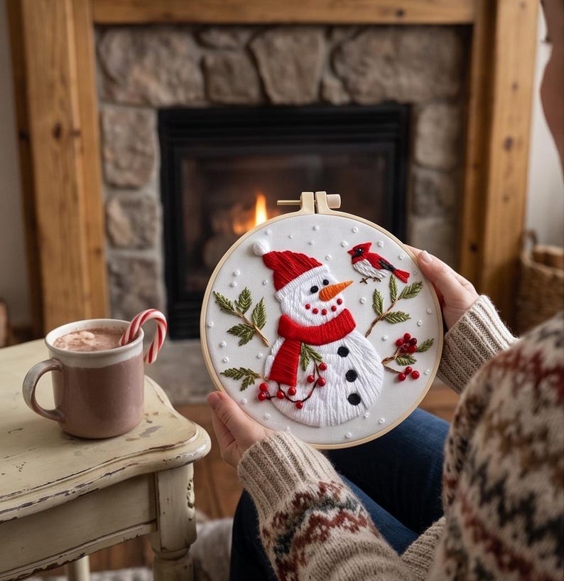 Snowman Embroidery Kit for Beginners, Christmas Needlework Set, Winter Holiday DIY Embroidery Hoop A