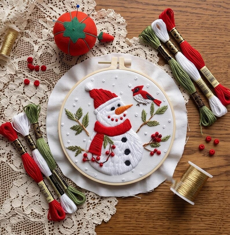 Snowman Embroidery Kit for Beginners, Christmas Needlework Set, Winter Holiday DIY Embroidery Hoop A