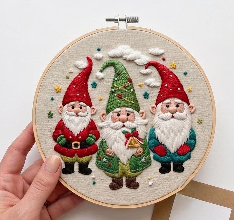 Christmas Gnome Embroidery Kit for Beginners, Scandinavian Holiday Needlework Set, Festive DIY Embro
