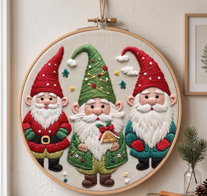 Christmas Gnome Embroidery Kit for Beginners, Scandinavian Holiday Needlework Set, Festive DIY Embro