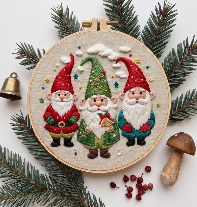 Christmas Gnome Embroidery Kit for Beginners, Scandinavian Holiday Needlework Set, Festive DIY Embro