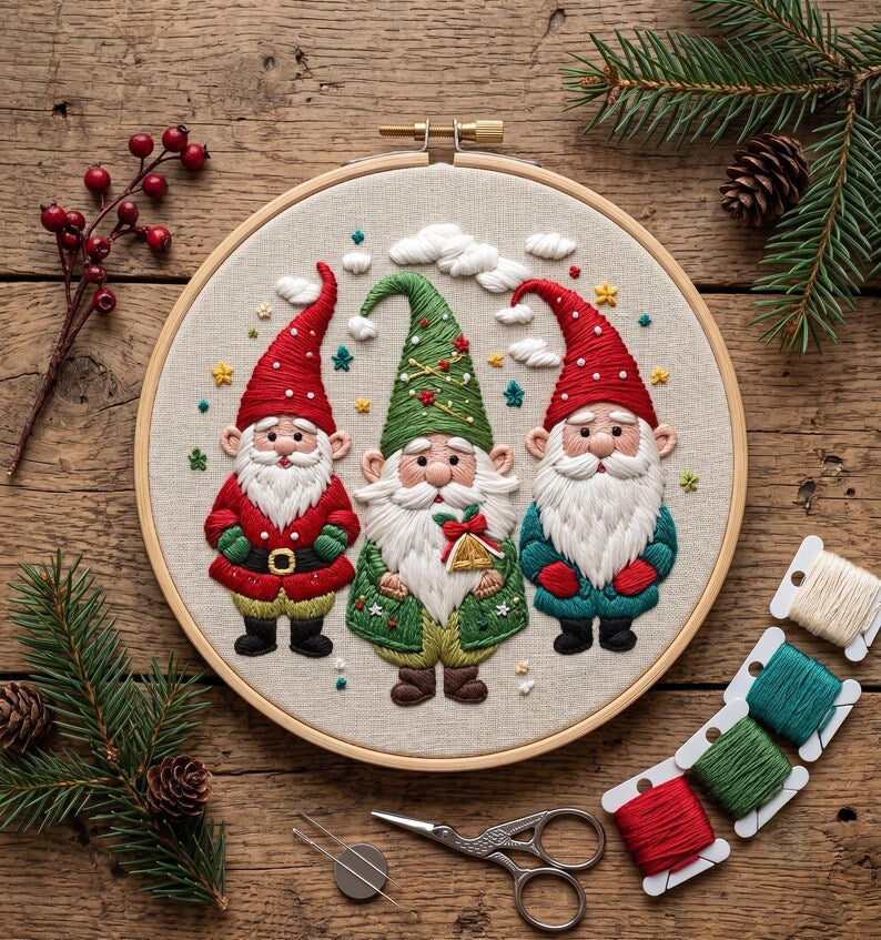 Christmas Gnome Embroidery Kit for Beginners, Scandinavian Holiday Needlework Set, Festive DIY Embro