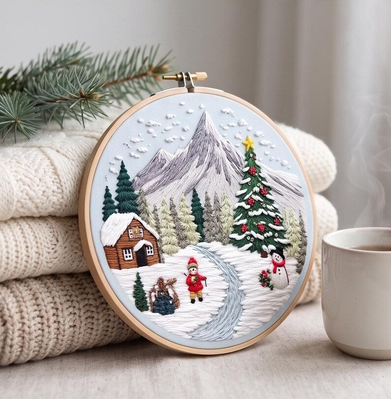 Winter Landscape Embroidery Kit for Beginners, Christmas Mountain Needlework Set, Snowy Cabin DIY Em