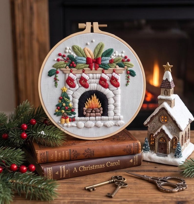 Christmas Fireplace Embroidery Kit for Beginners, Cozy Holiday Needlework Set, Winter DIY Embroidery