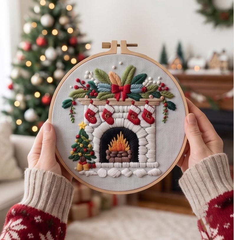 Christmas Fireplace Embroidery Kit for Beginners, Cozy Holiday Needlework Set, Winter DIY Embroidery