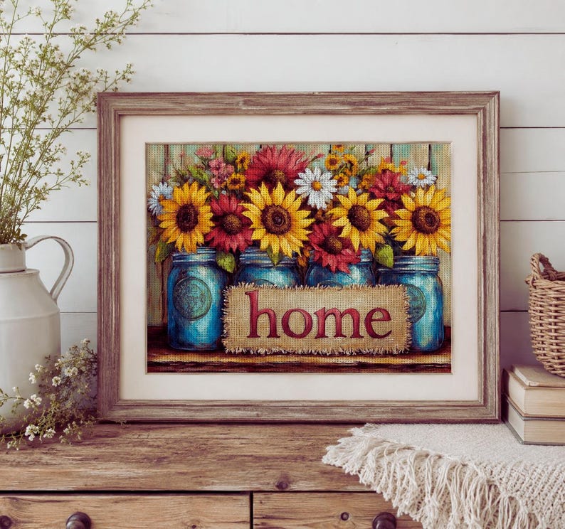 Sunflower Cross Stitch Kit, Floral Embroidery Kit, DIY Needlepoint Kit for Adults, Rustic Farmhouse 