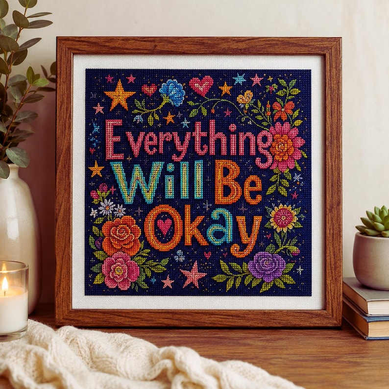 Everything Will Be Okay Cross Stitch Kit, Inspirational Embroidery Kit, Positive Quote DIY Needlepoi