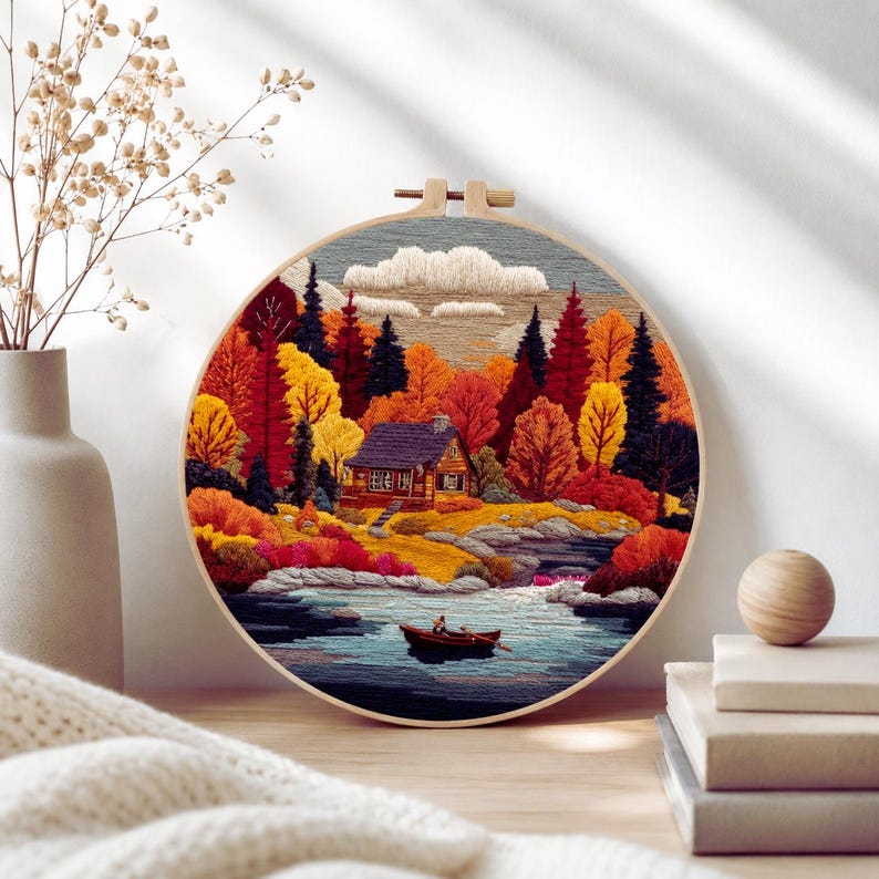 Autumn cabin embroidery kit contents