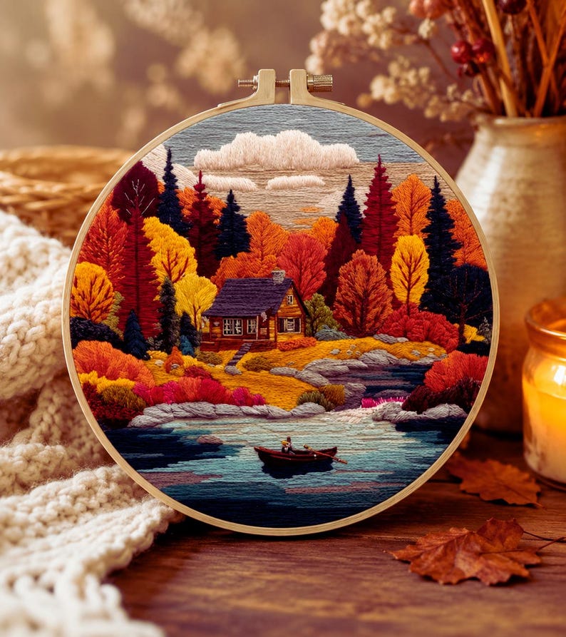 Cozy autumn lakeside cabin embroidery kit finished piece