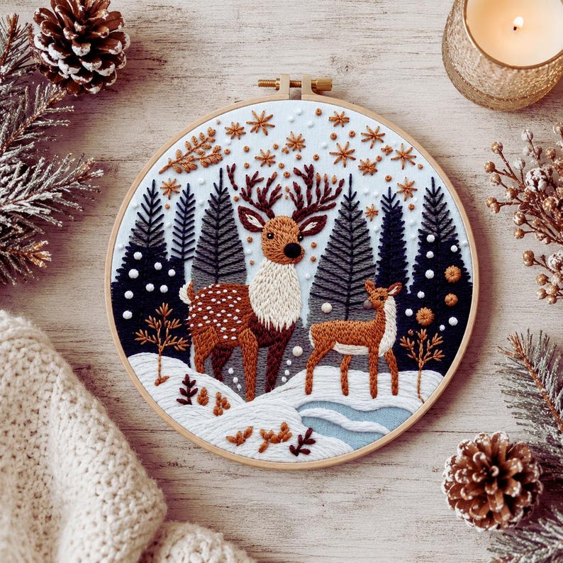 Woodland deer embroidery kit displayed