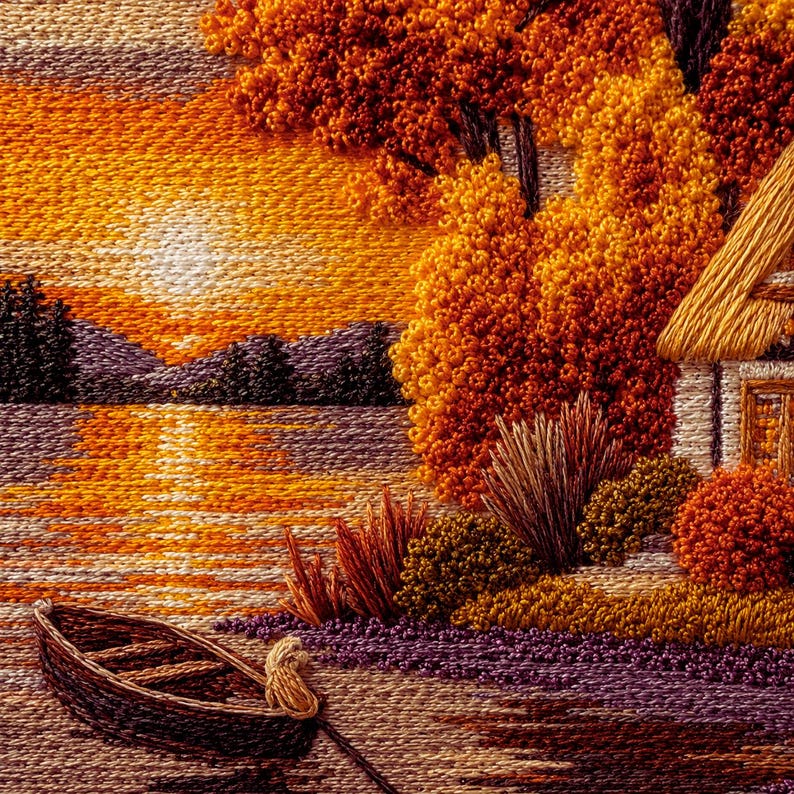 Sunset lakeside cottage embroidery kit contents