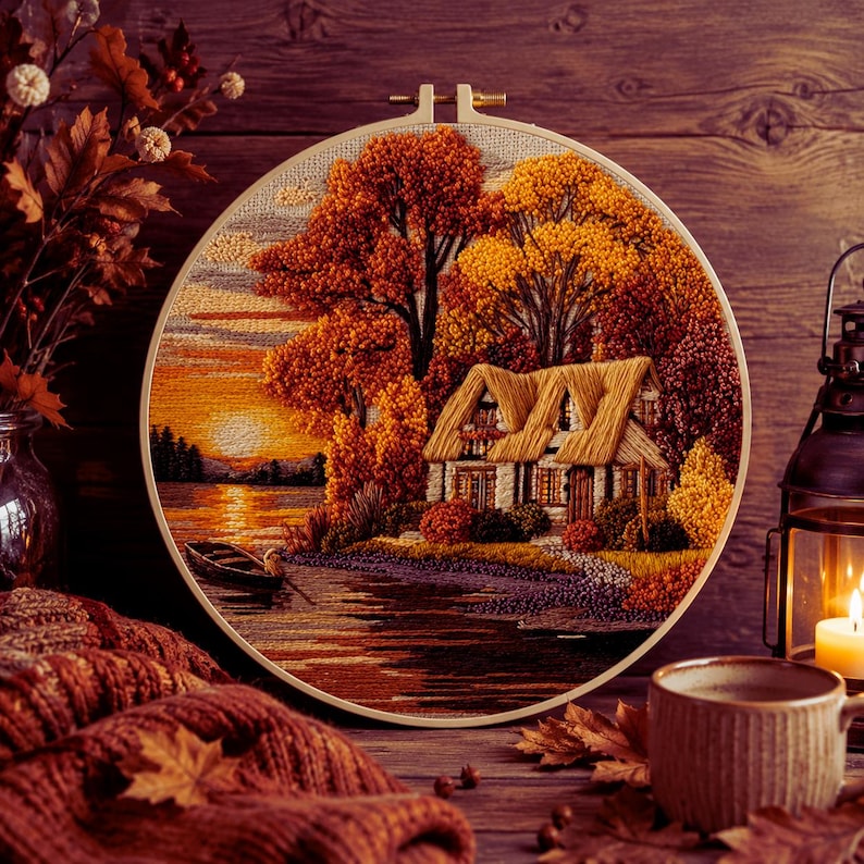 Sunset lakeside cottage embroidery kit close-up detail