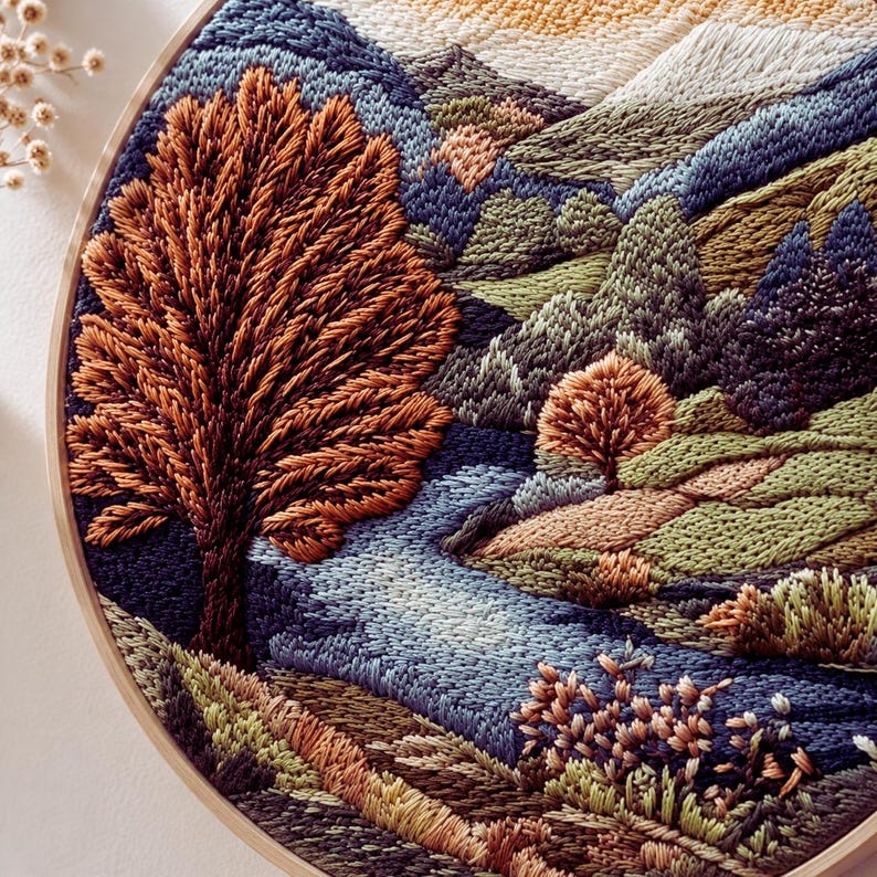 River landscape embroidery kit fabric and threads