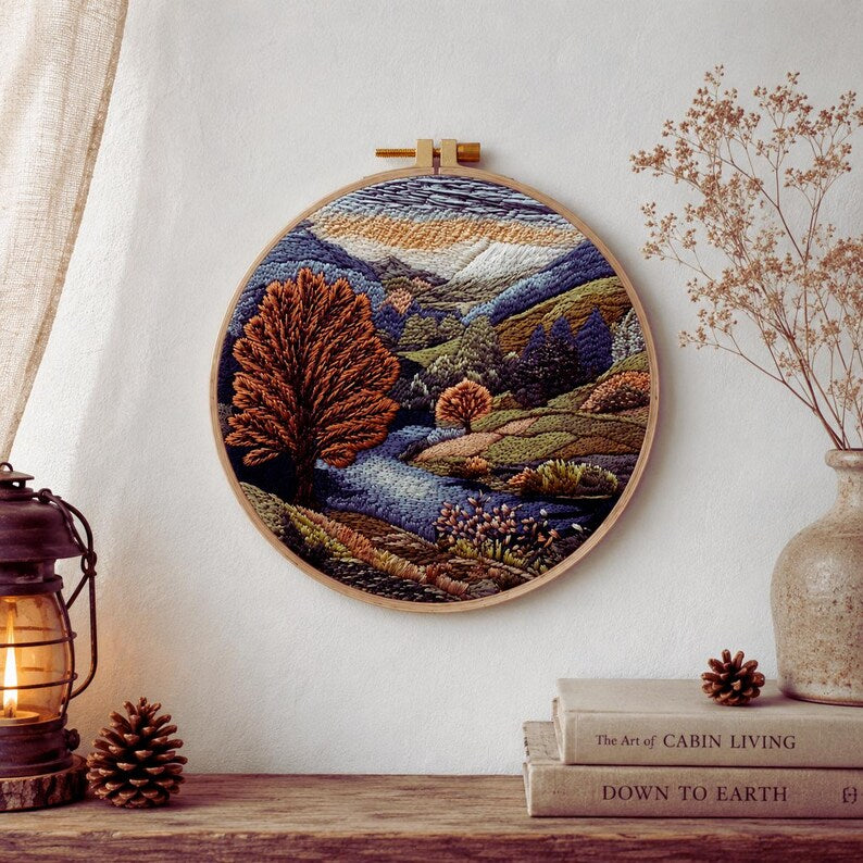 River landscape embroidery pattern close-up