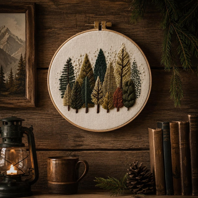 Forest landscape embroidery kit contents