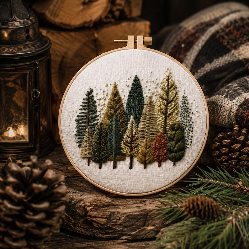 Woodland trees embroidery hoop art detail