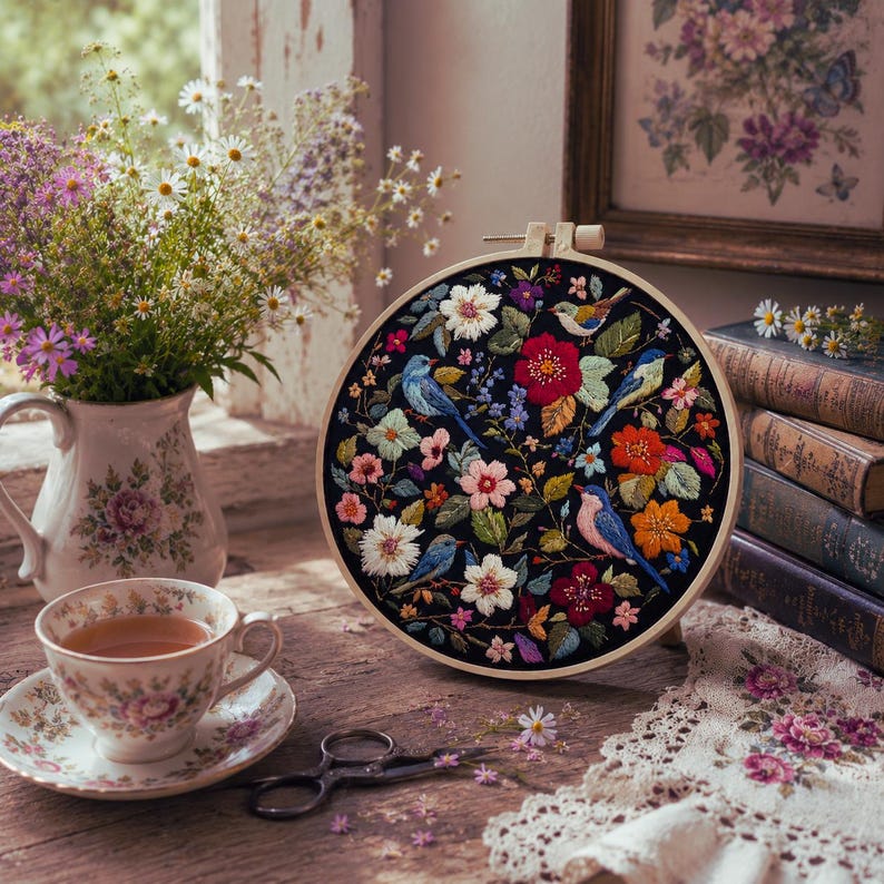 Folk art bird embroidery kit styled display