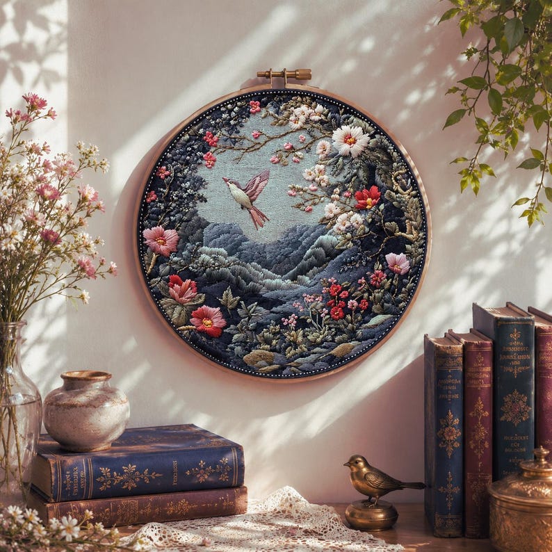 Bird and botanical flower embroidery kit finished piece