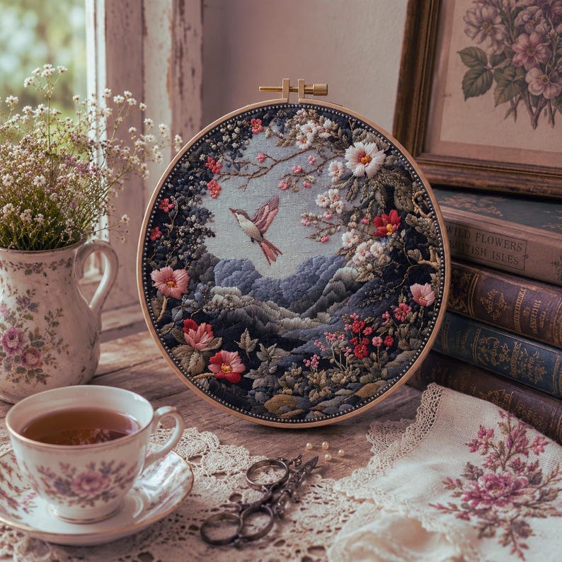 Botanical bird embroidery kit detail