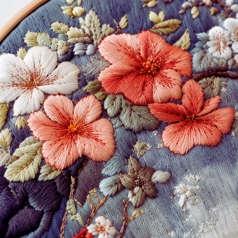 Bird flower mountain embroidery kit styled display
