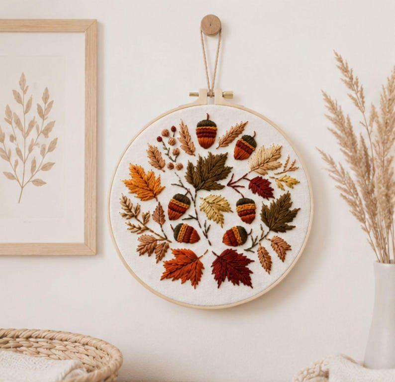 Autumn fall leaves embroidery kit hoop art