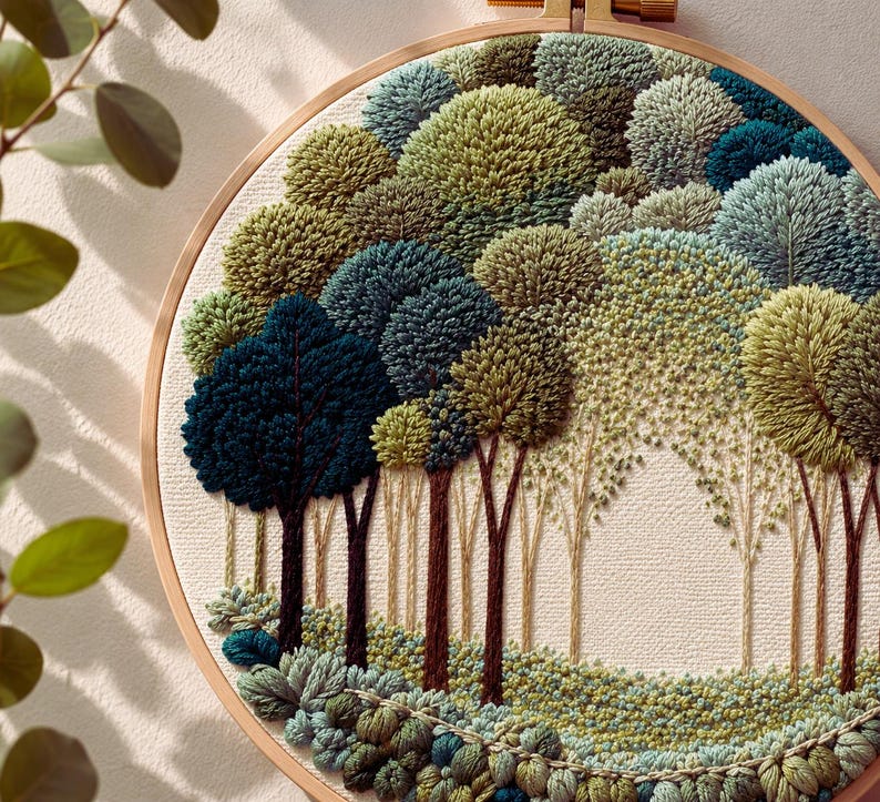 Woodland Landscape embroidery kit contents and materials