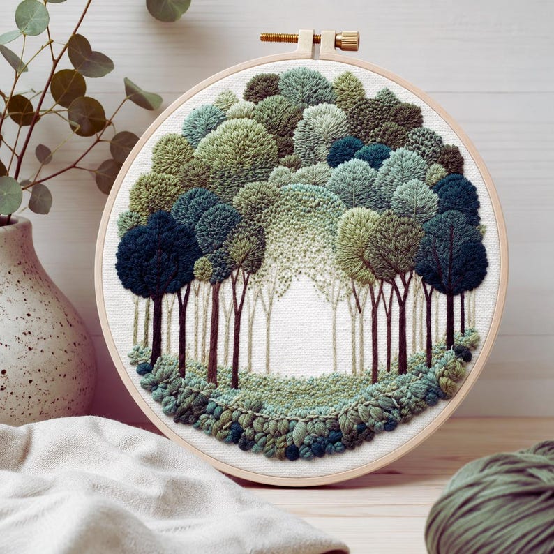 Woodland Landscape embroidery kit finished hoop art
