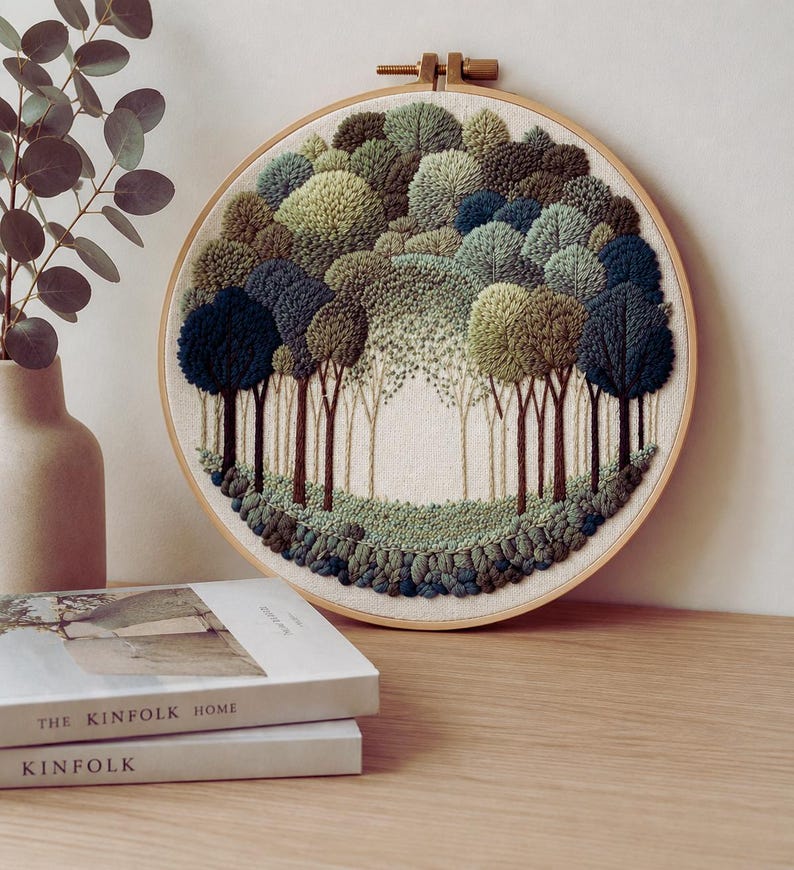 Woodland Landscape embroidery kit close up stitching