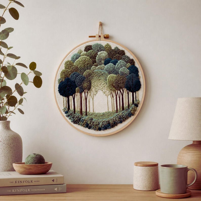 Woodland Landscape embroidery kit styled display