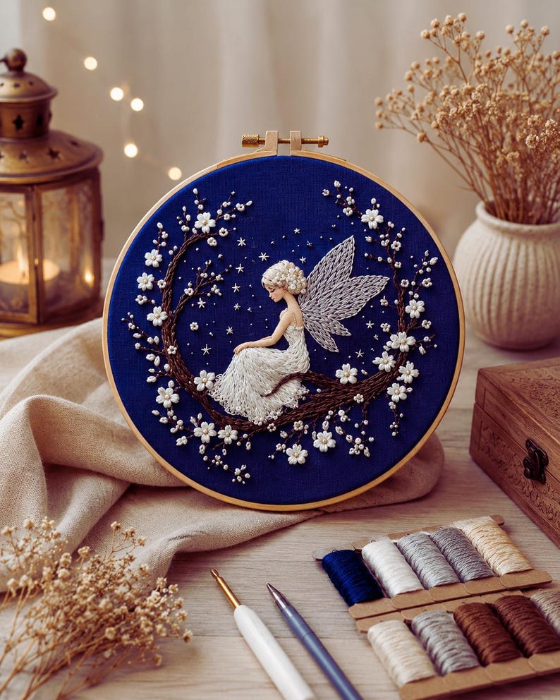 Celestial moon fairy embroidery kit finished piece