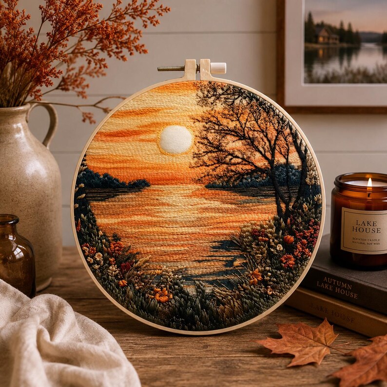 Sunset lake embroidery kit threads and hoop