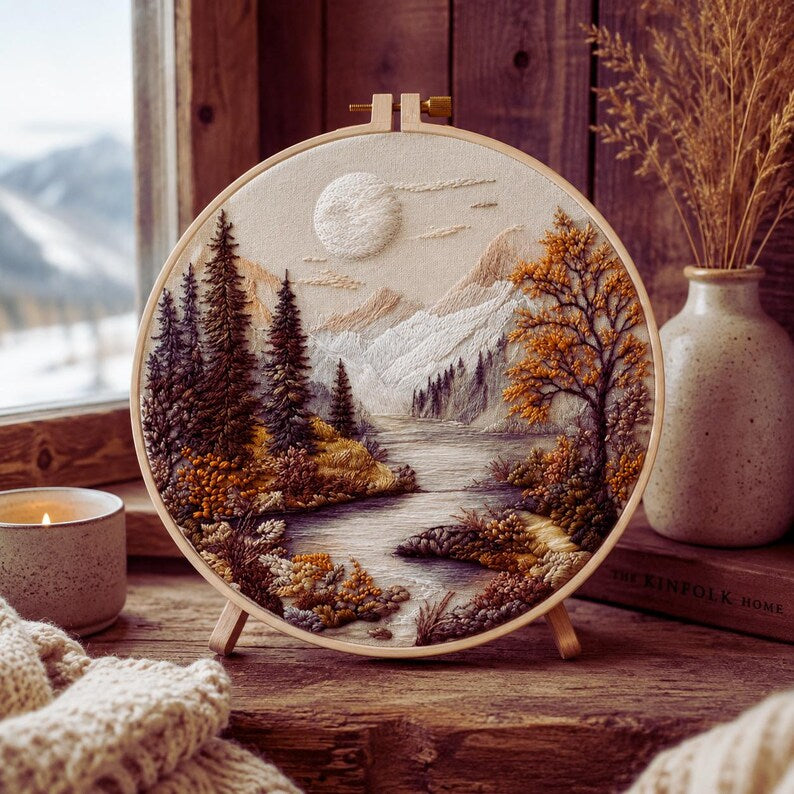 Mountain landscape embroidery kit stitching close-up
