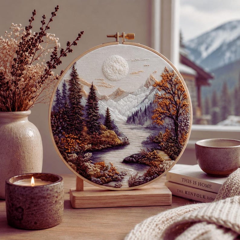 Mountain landscape embroidery kit thread and supplies