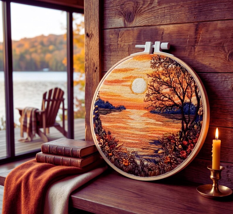 Sunset lake embroidery hoop art detail