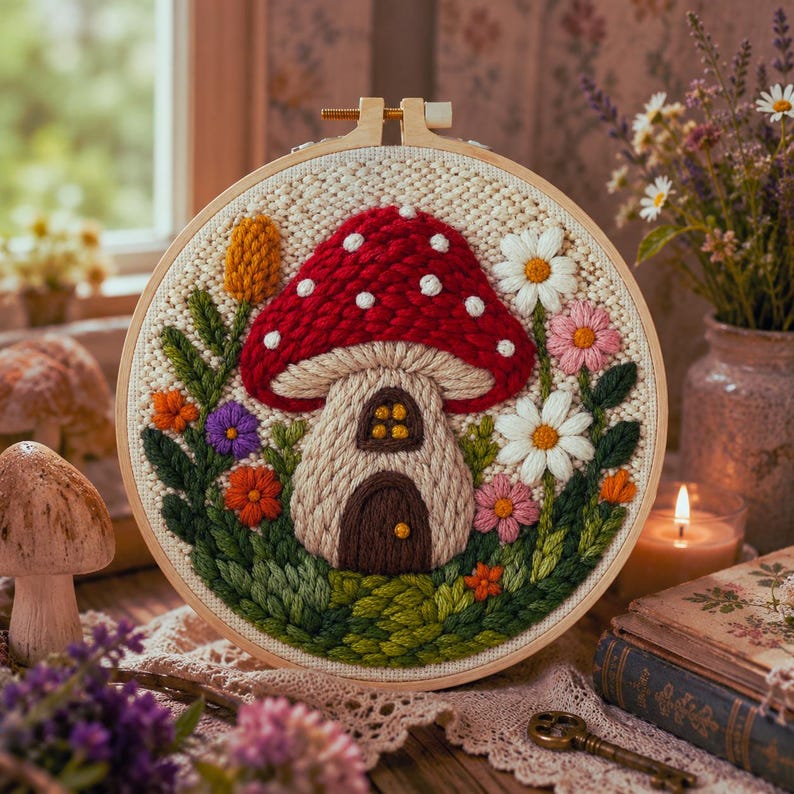 Punch Needle Mushroom House Kit, Cottagecore Punch Needle Set for Beginners, Woodland DIY Craft Kit,